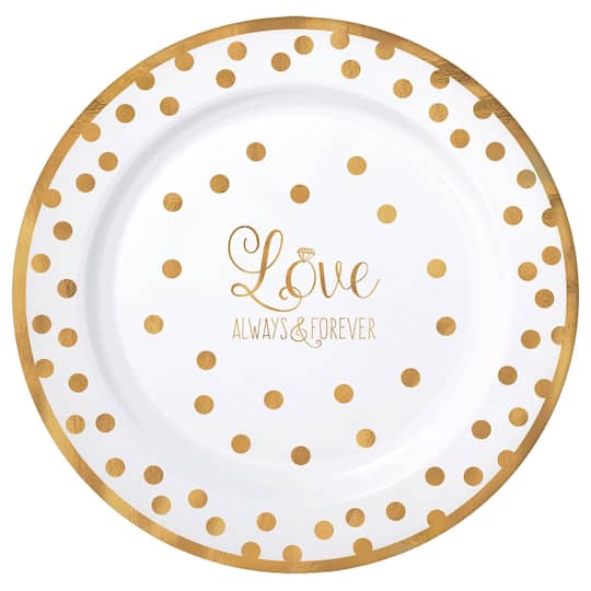 10&#x22; Gold Love Always &#x26; Forever Premium Wedding Plastic Plates, 10ct.